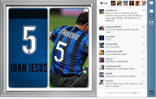 Juan Jesus: “An honor to wear this number that for many years made ​​history with Inter”
