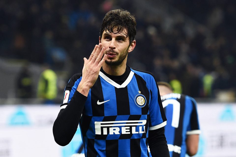 Inter Milan defender Andrea Ranocchia, right, challenges AC Milan