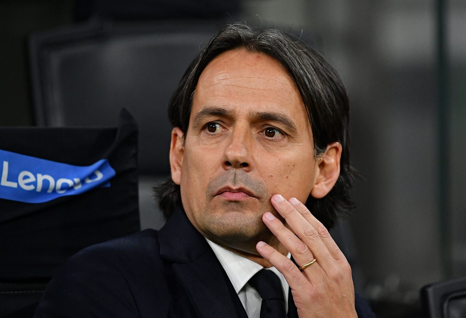 Simone Inzaghi, coach of FC Internazionale, looking thoughtful during a match.