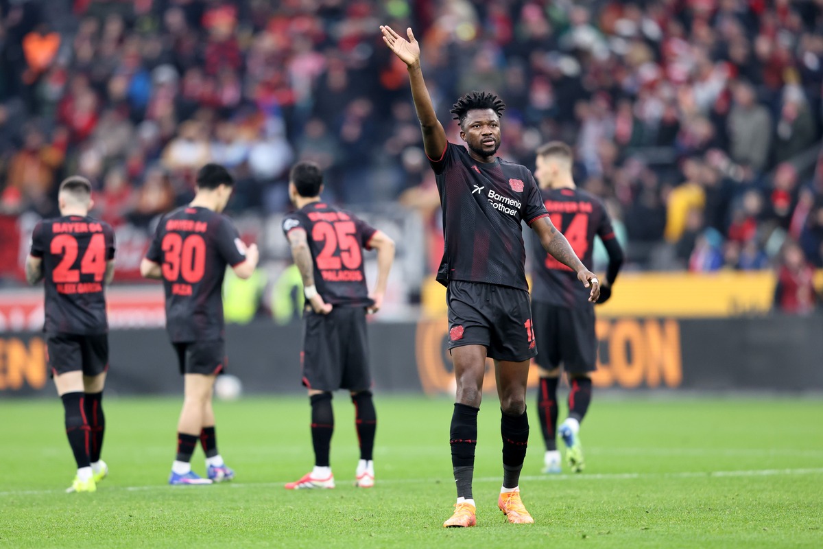 LEVERKUSEN, GERMANY - FEBRUARY 14: Edmond Tapsoba of Bayer 04 Leverkusen reacts prior to the Bundesliga match between Bayer 04 Leverkusen and FC St. Pauli at BayArena on February 14, 2026 in Leverkusen, Germany. (Photo by Christof Koepsel/Getty Images)